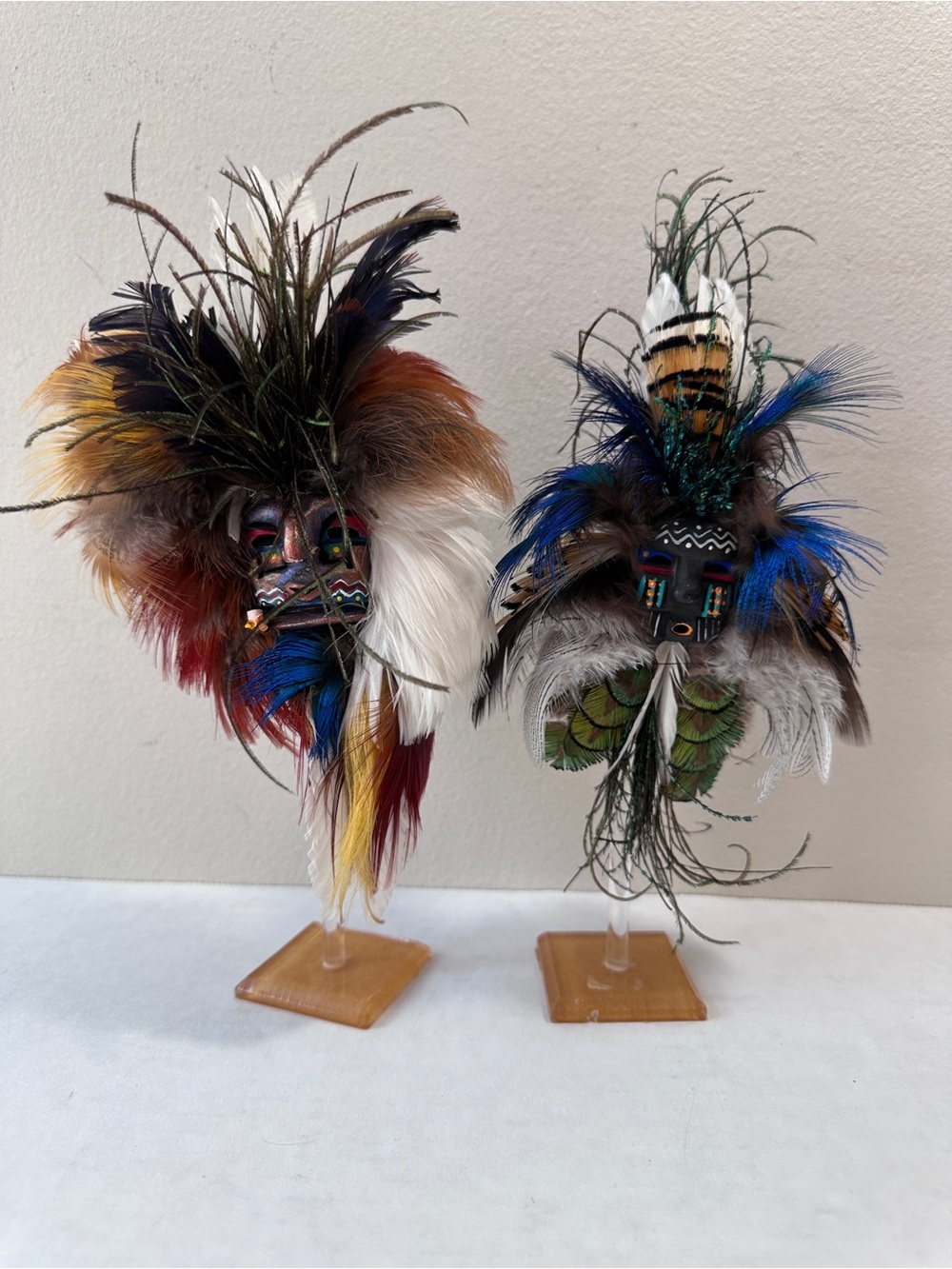 Set of 2 Tribal Miniature Masks with‎ Feather Headdress and Display Stands 10in